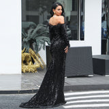 Women Sexy Off Shoulder Long Sleeve Feather Elegant Sequin Maxi Dresss